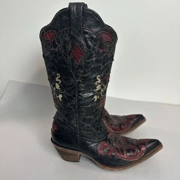 Corral Vintage Black Leather Lizard Inlay Cowboy C2115 Boots Womens Size 7.5 - Picture 9 of 16